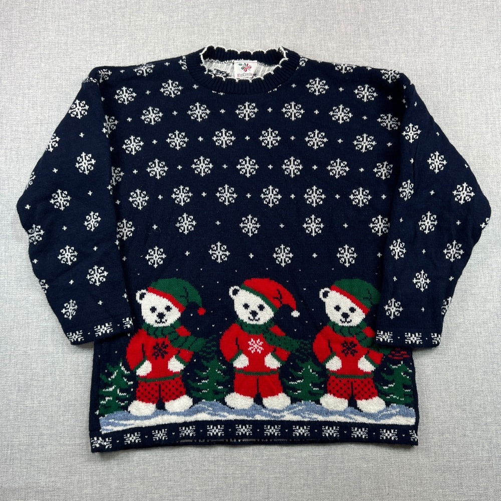 Vintage Nutcracker Polar Teddy Bear Snowflake Sweater Women L Blue USA Holiday